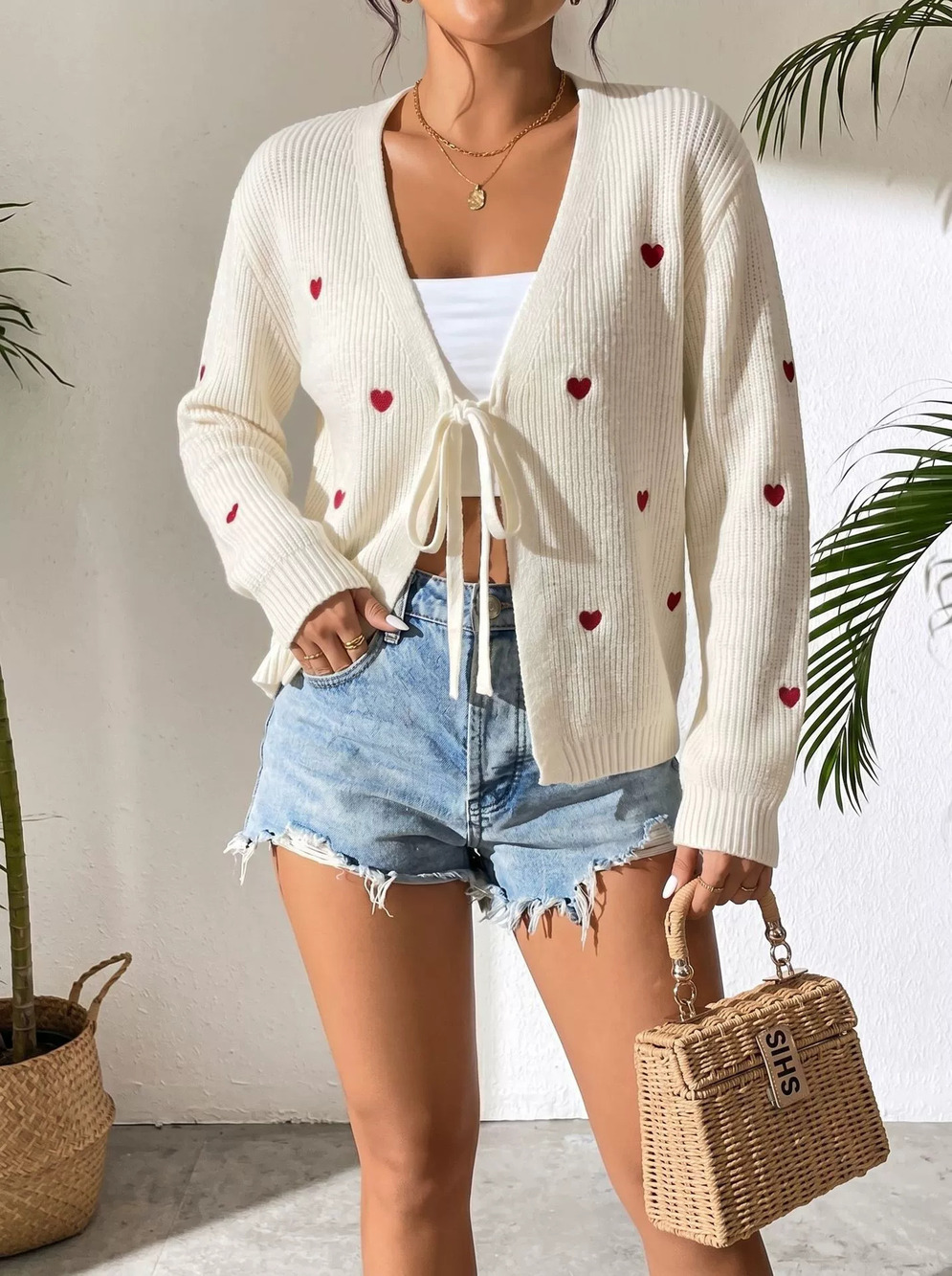 Zara Heart Embroidery Tie Front Knit Cardigan Loose Long Sleeve Soft